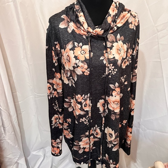 Floral Cowl Neck Pullover Sweater with Drawstring/ Lightweight/ Soft - Picture 1 of 7